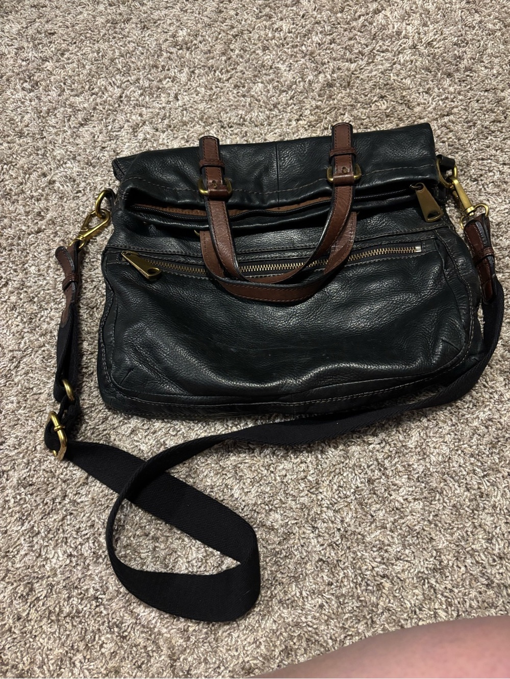 Fossil Black Leather Crossbody Satchel with Brown Trim
